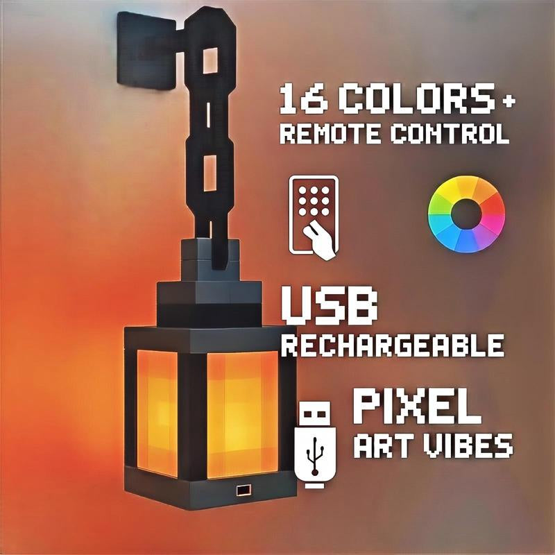 DIYCOM Pixel Lantern Night Lamp, USB-C Rechargeable RGB 16-Color Changing Light with Remote Control & Four Modes, Halloween Party Supplies, Gamer Bedroom Decoration, Unique Birthday Gift