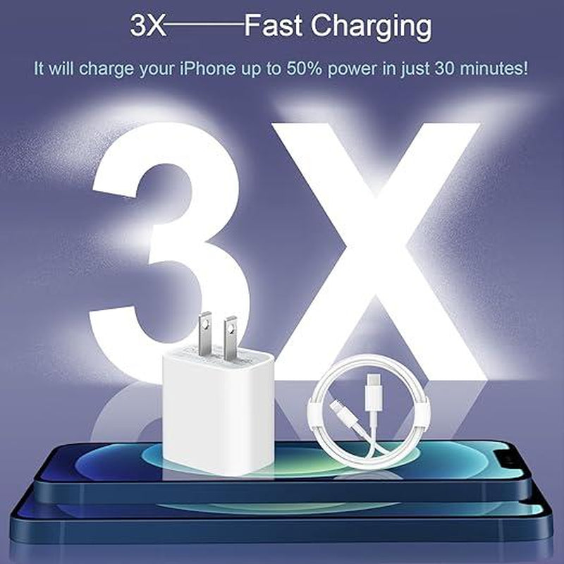 20W 8-Pcs 6FT Super Fast Charger Set USB-C Wall Chargerfor Iphone 14/13/12Airpods Pro Mobile Smartphone Device Cellphone