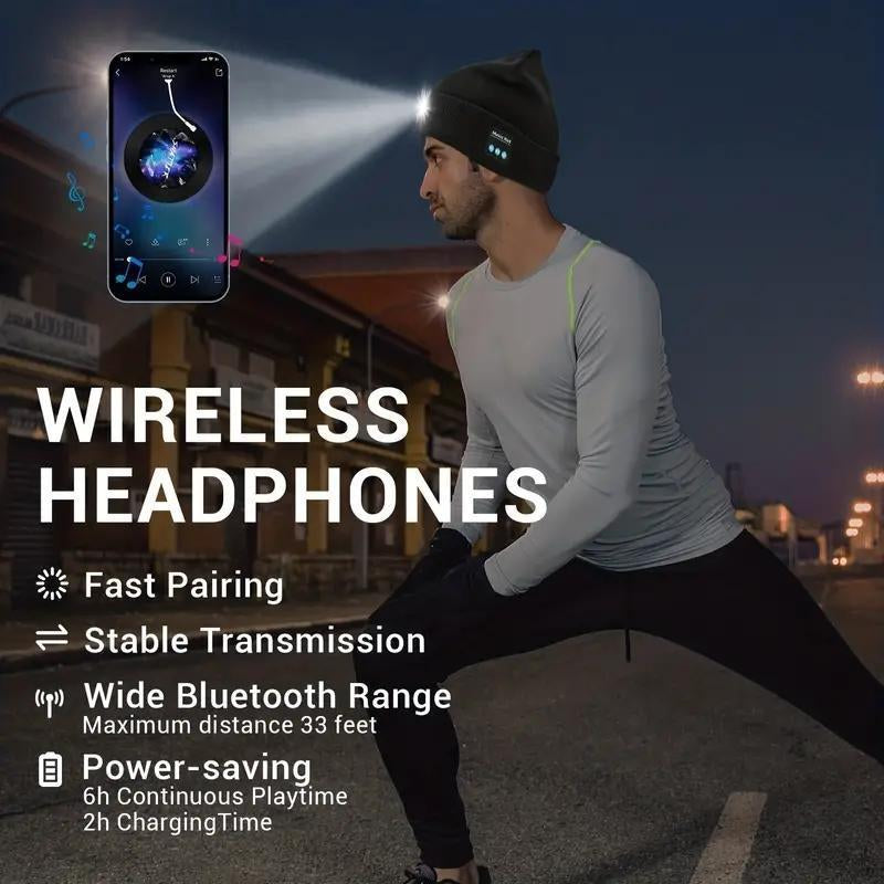 Bluetooth Beanie with LED Headlight and Removable Speaker, USB Rechargeable Warm Hat LED Hat for Music and Calling, Sport,Outdoor,Unisex Birthday Gift