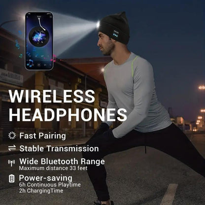 Bluetooth Beanie with LED Headlight and Removable Speaker, USB Rechargeable Warm Hat LED Hat for Music and Calling, Sport,Outdoor,Unisex Birthday Gift