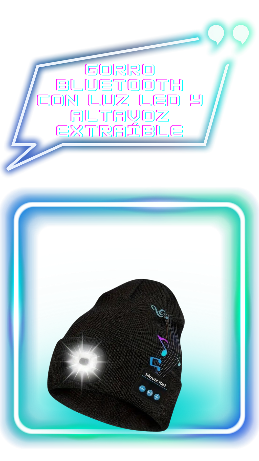 Gorro Bluetooth con luz LED frontal y altavoz extraíble recargable por USB