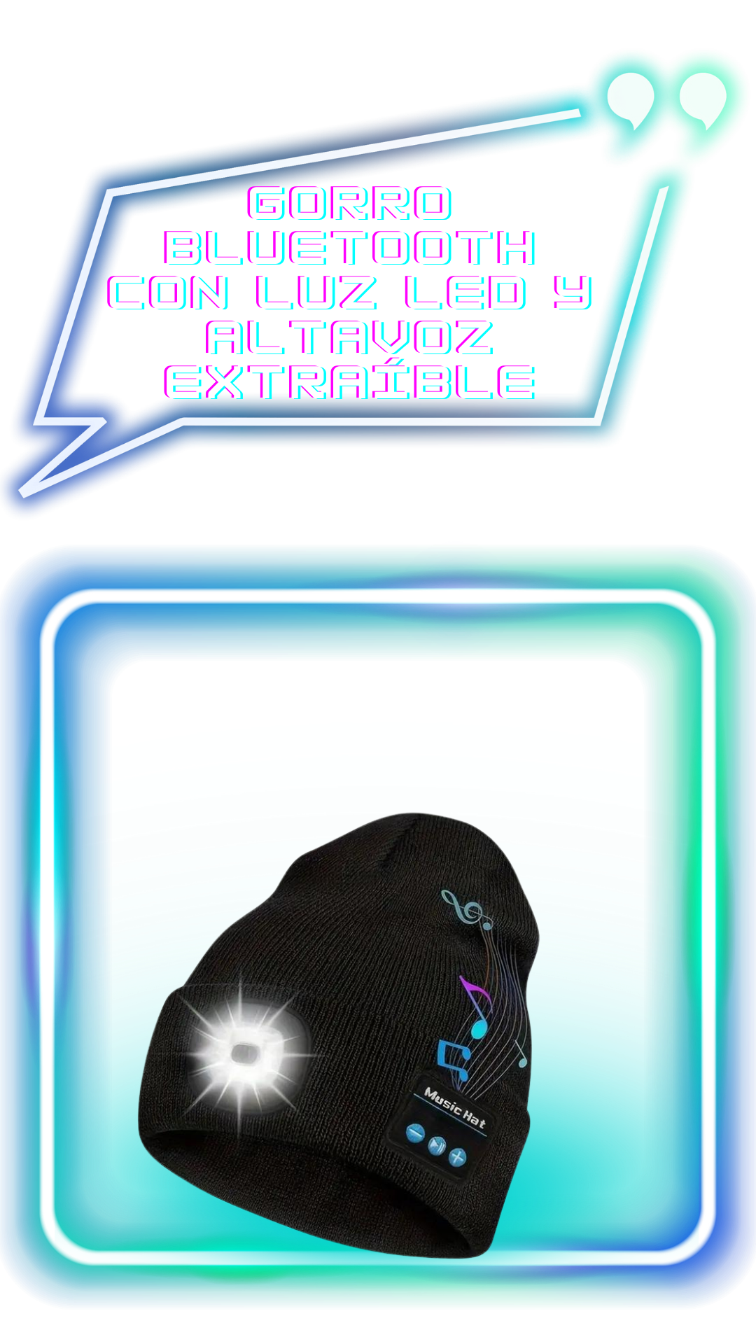 Gorro Bluetooth con luz LED frontal y altavoz extraíble recargable por USB
