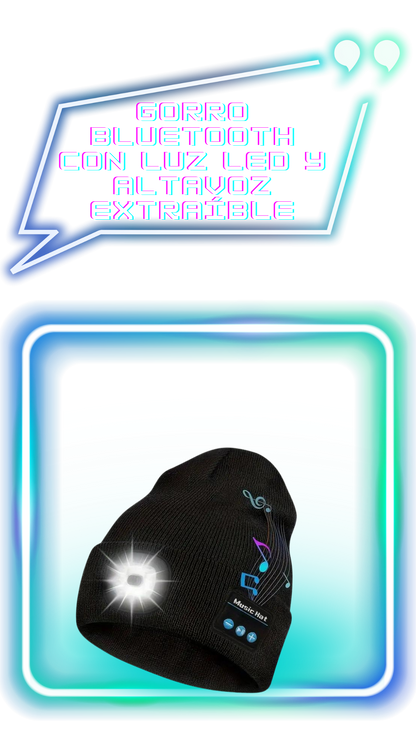 Gorro Bluetooth con luz LED frontal y altavoz extraíble recargable por USB