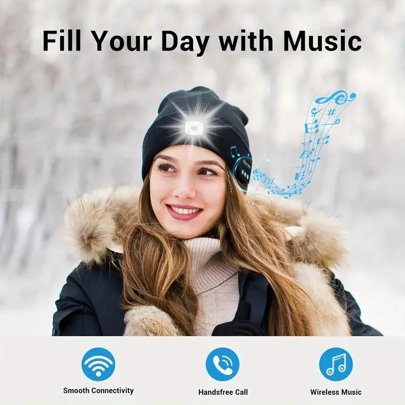 Bluetooth Beanie with LED Headlight and Removable Speaker, USB Rechargeable Warm Hat LED Hat for Music and Calling, Sport,Outdoor,Unisex Birthday Gift
