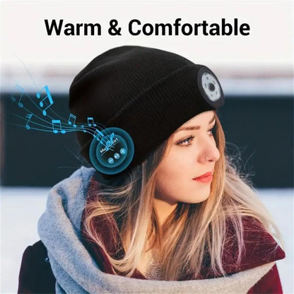 Bluetooth Beanie with LED Headlight and Removable Speaker, USB Rechargeable Warm Hat LED Hat for Music and Calling, Sport,Outdoor,Unisex Birthday Gift