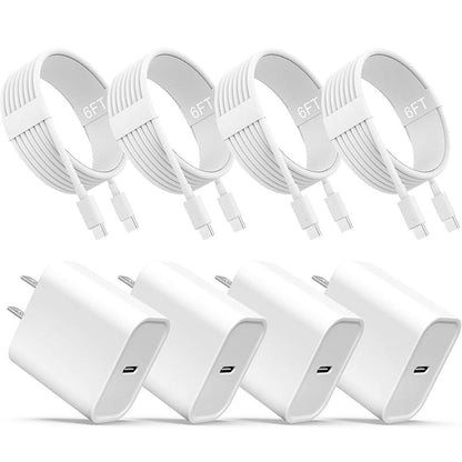 20W 8-Pcs 6FT Super Fast Charger Set USB-C Wall Chargerfor Iphone 14/13/12Airpods Pro Mobile Smartphone Device Cellphone