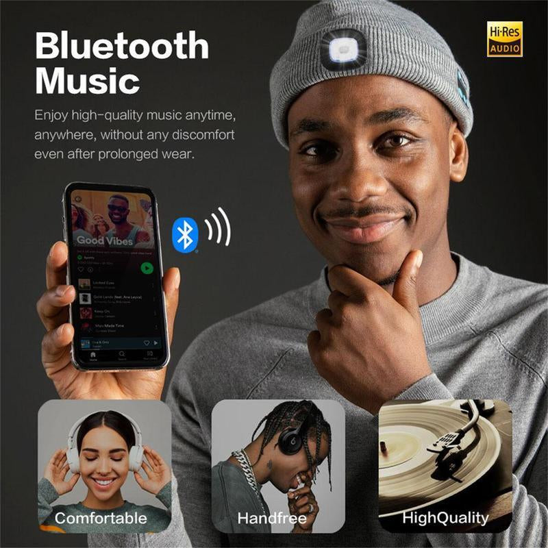 Bluetooth Beanie with LED Headlight and Removable Speaker, USB Rechargeable Warm Hat LED Hat for Music and Calling, Sport,Outdoor,Unisex Birthday Gift