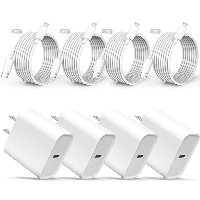 20W 8-Pcs 6FT Super Fast Charger Set USB-C Wall Chargerfor Iphone 14/13/12Airpods Pro Mobile Smartphone Device Cellphone